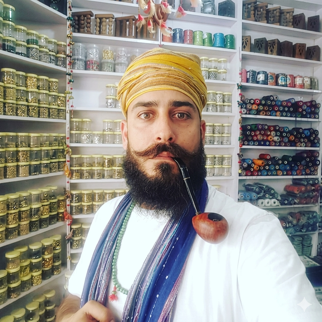 Portrait of a man in a yellow turban holding a wooden pipe, surrounded by colorful shelves of beads and threads