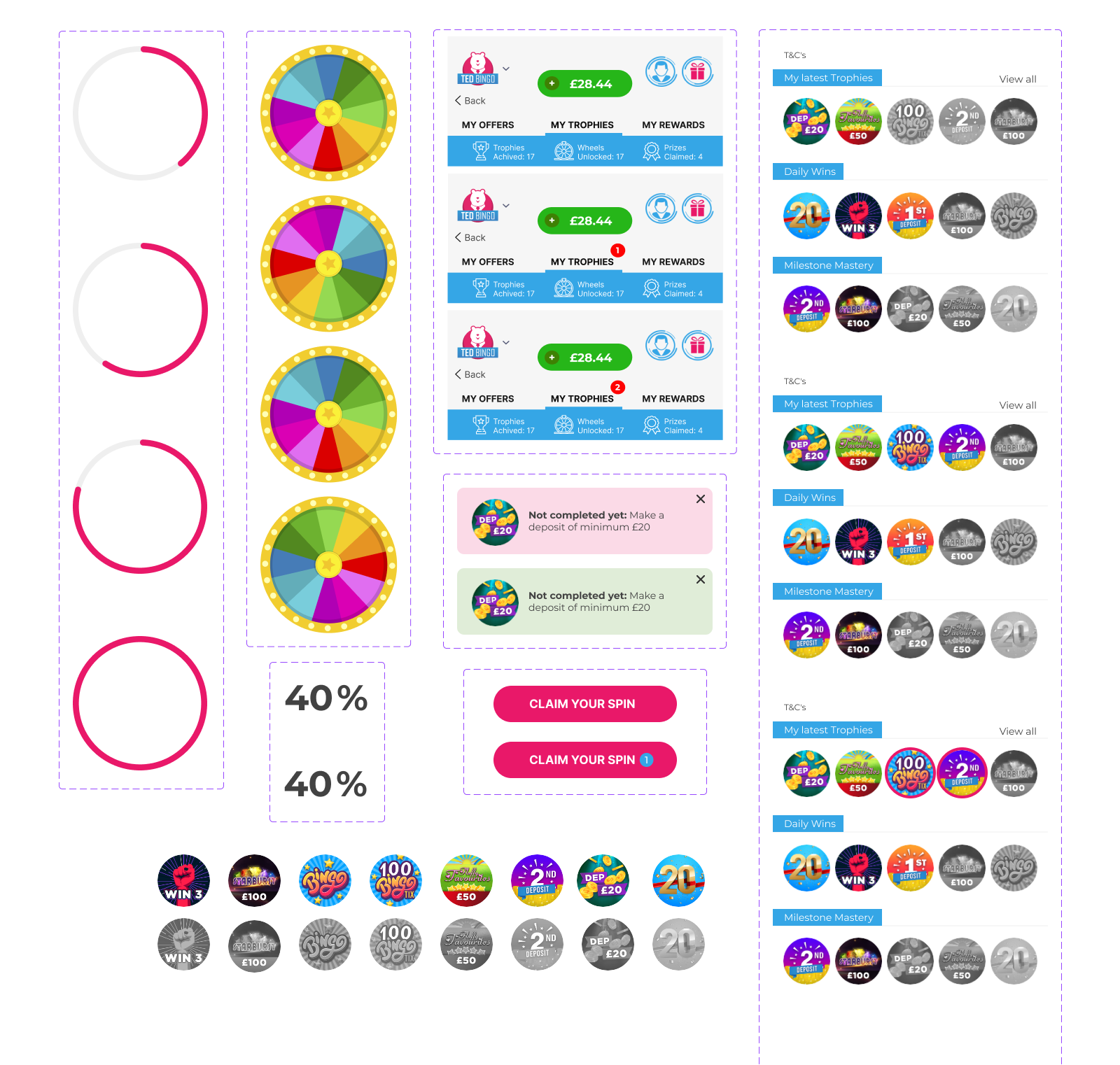 Trophies design system overview: progress dials, prize wheels, header layouts, claim buttons, trophy icon variants and brand color tokens.